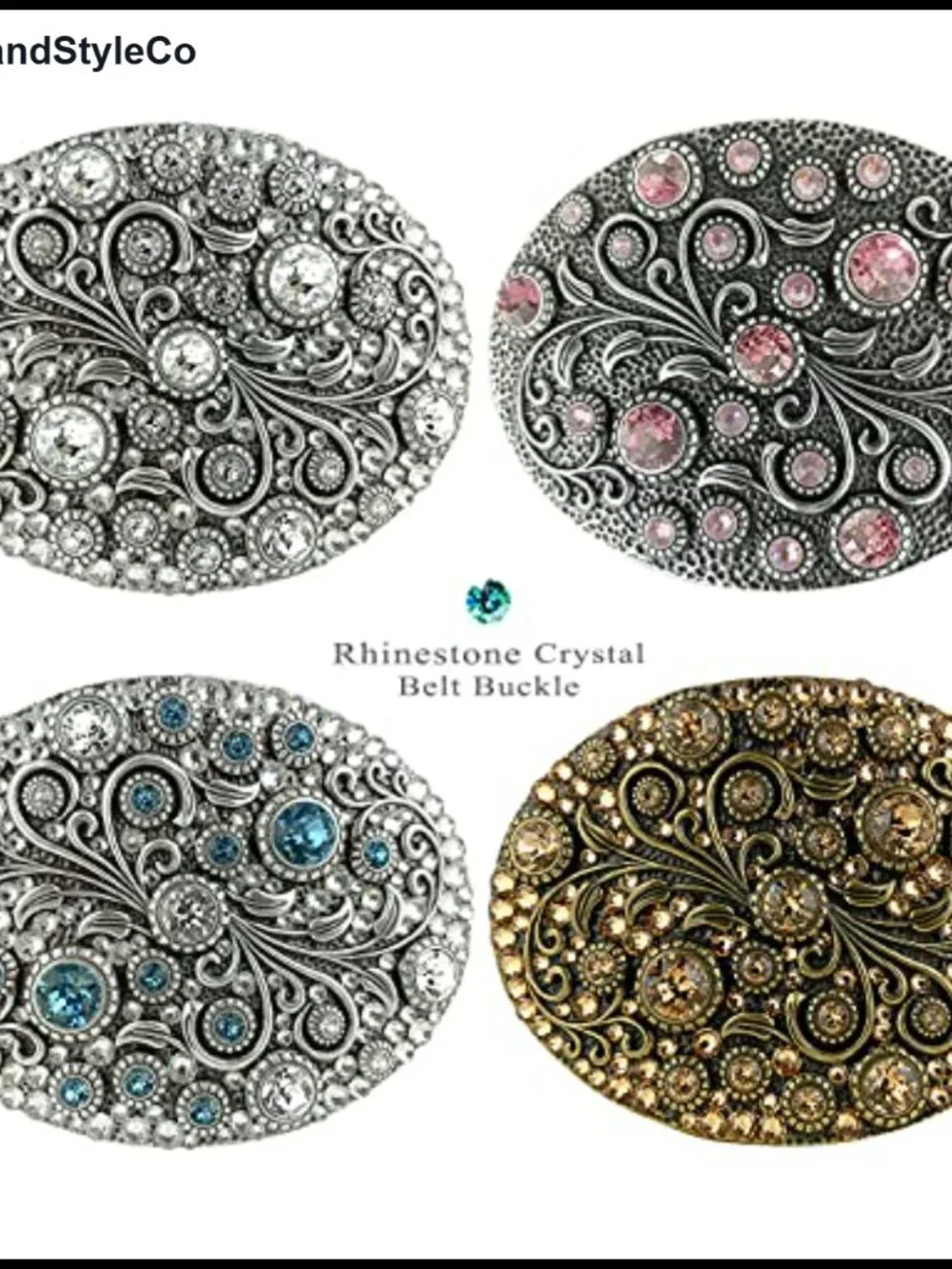 Crystal Rhinestone Floral Engraved Oval Belt Buckle Antique Brass Western